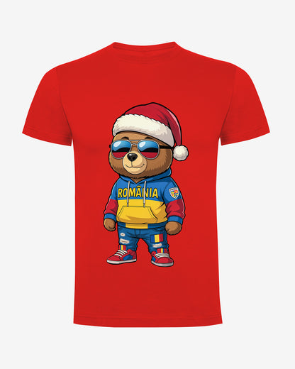 Tricou Urs Tricolor Craciun Adulti Romania Rosu